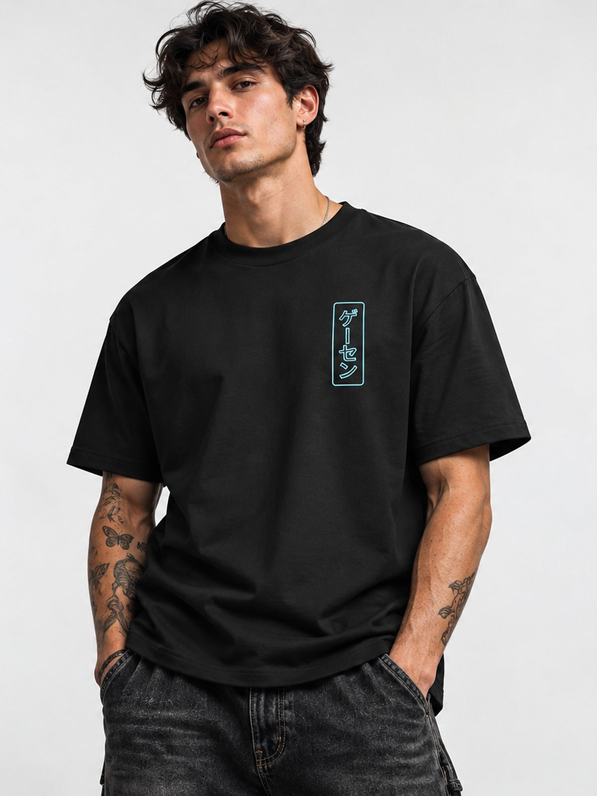 Neon Dawn Hansha 反射 Black T-Shirt by 5C5V, front view with the ゲーセン chest sign