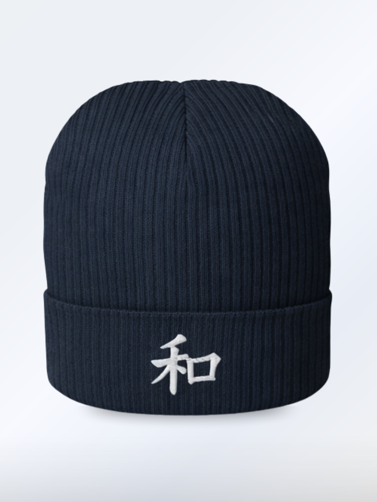 Oxford Navy Kyoto beanie with the kanji 和 (harmony) embroidered in white on the cuff, front view on a plain background