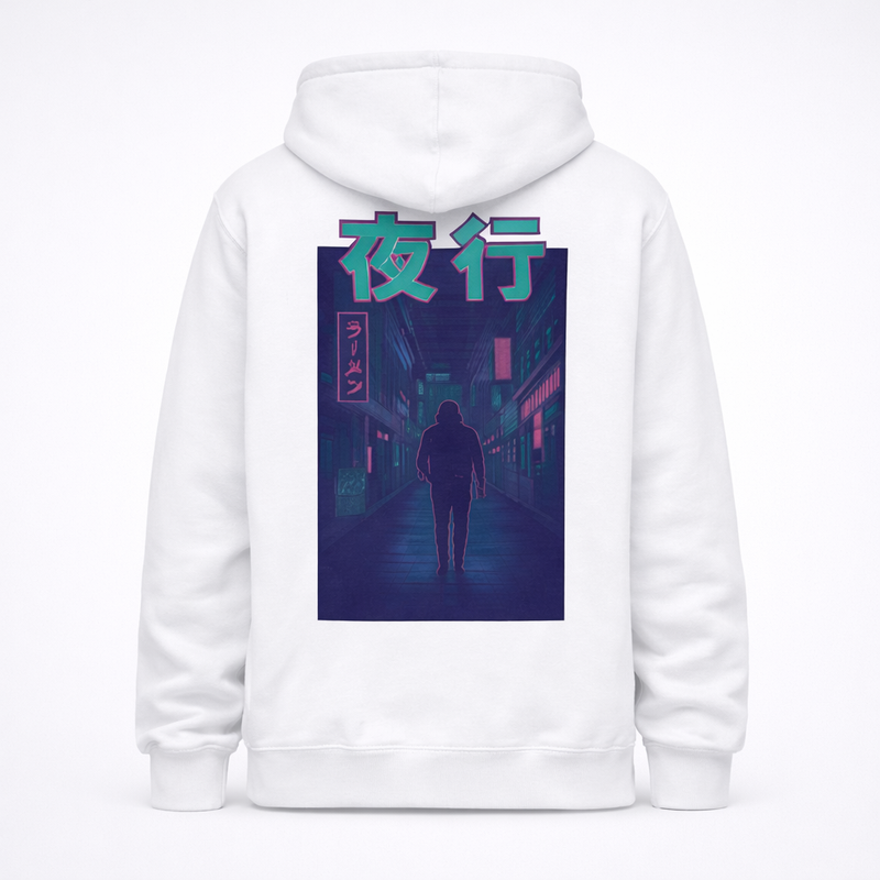 White Radiant Dawn hoodie, back view: a lone figure on a neon Tokyo street under the kanji 夜行 (night journey)