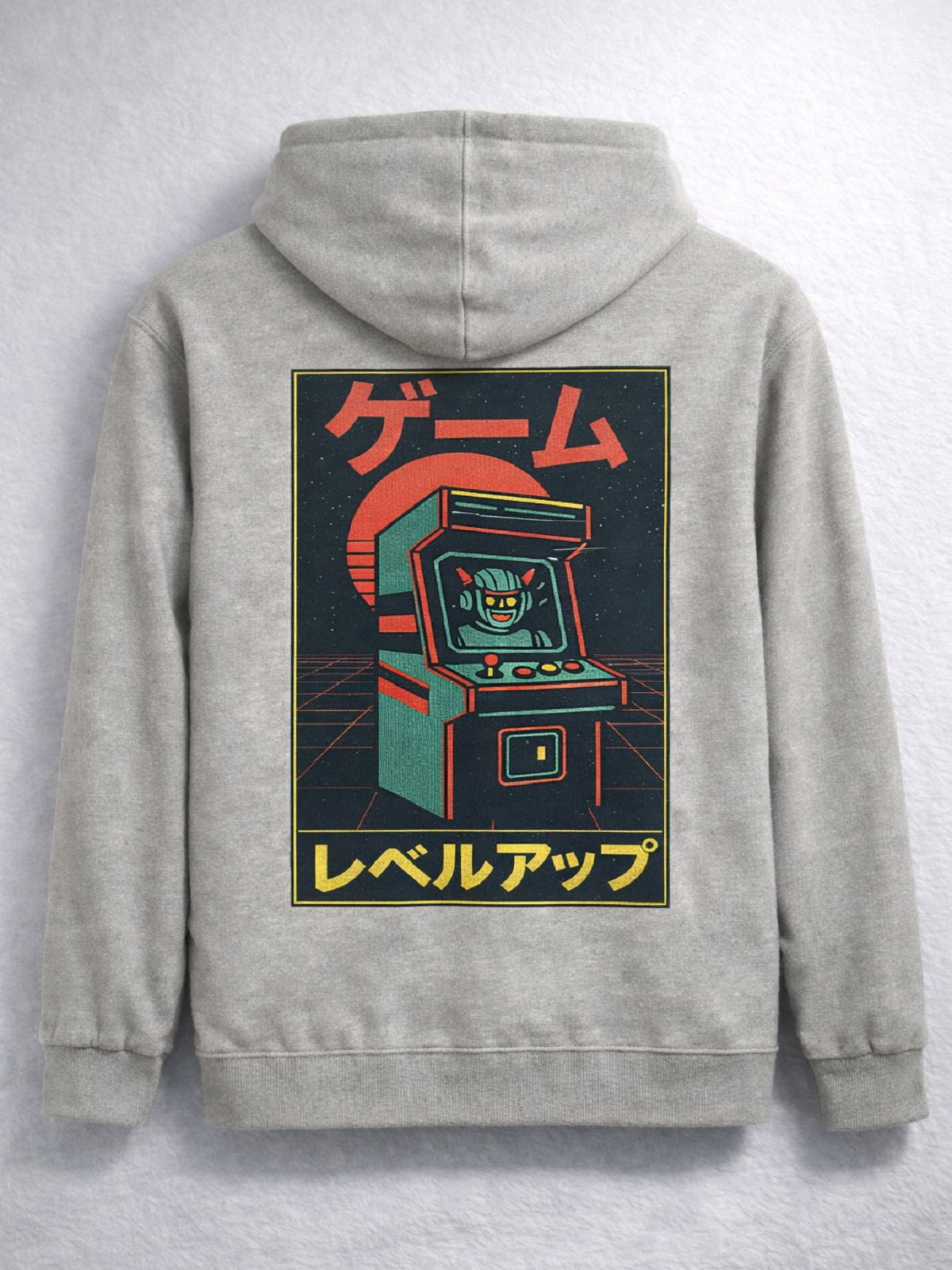 Grey Kyoto Neon Dawn Level Up hoodie, back view with the ゲーム レベルアップ arcade print