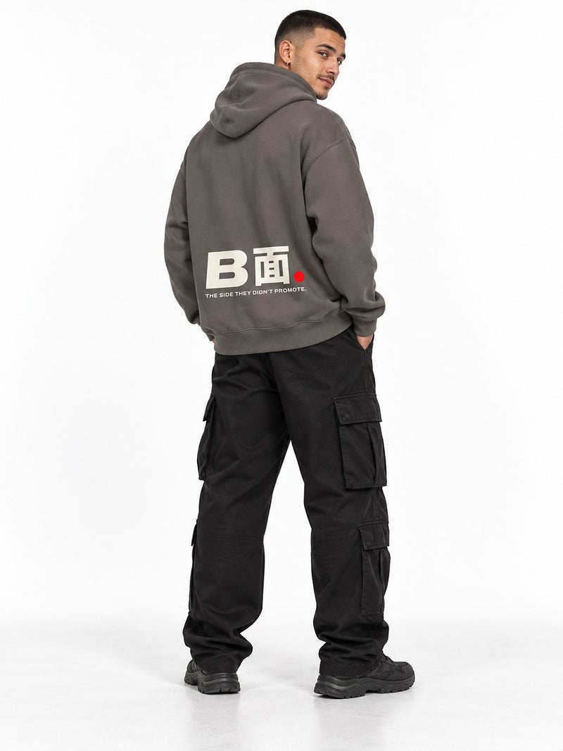 A面/B面 A-men B-men hoodie asphalt by 5C5V, back view on model