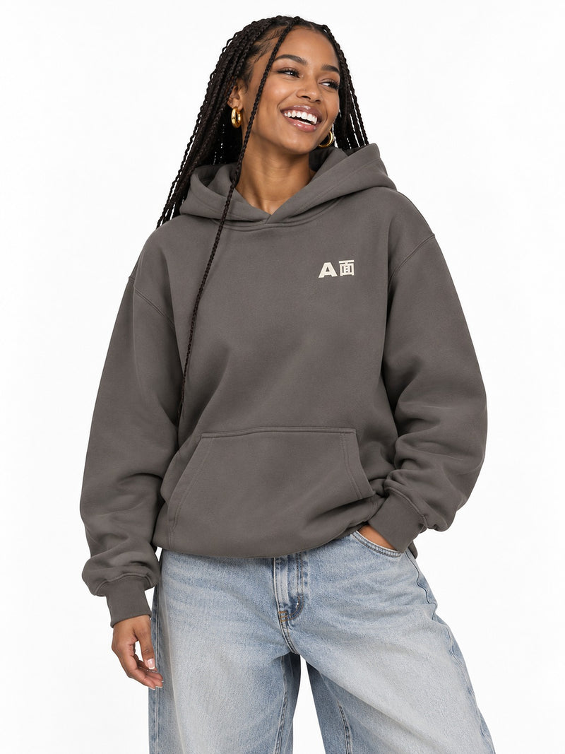 A面/B面 A-men B-men hoodie asphalt by 5C5V, front view with the chest mark