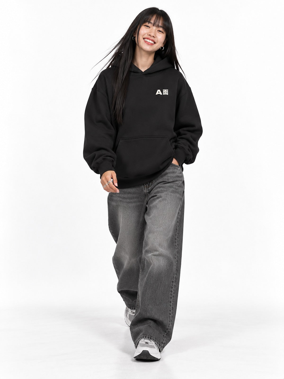 A面/B面 A-men B-men hoodie black by 5C5V, front view