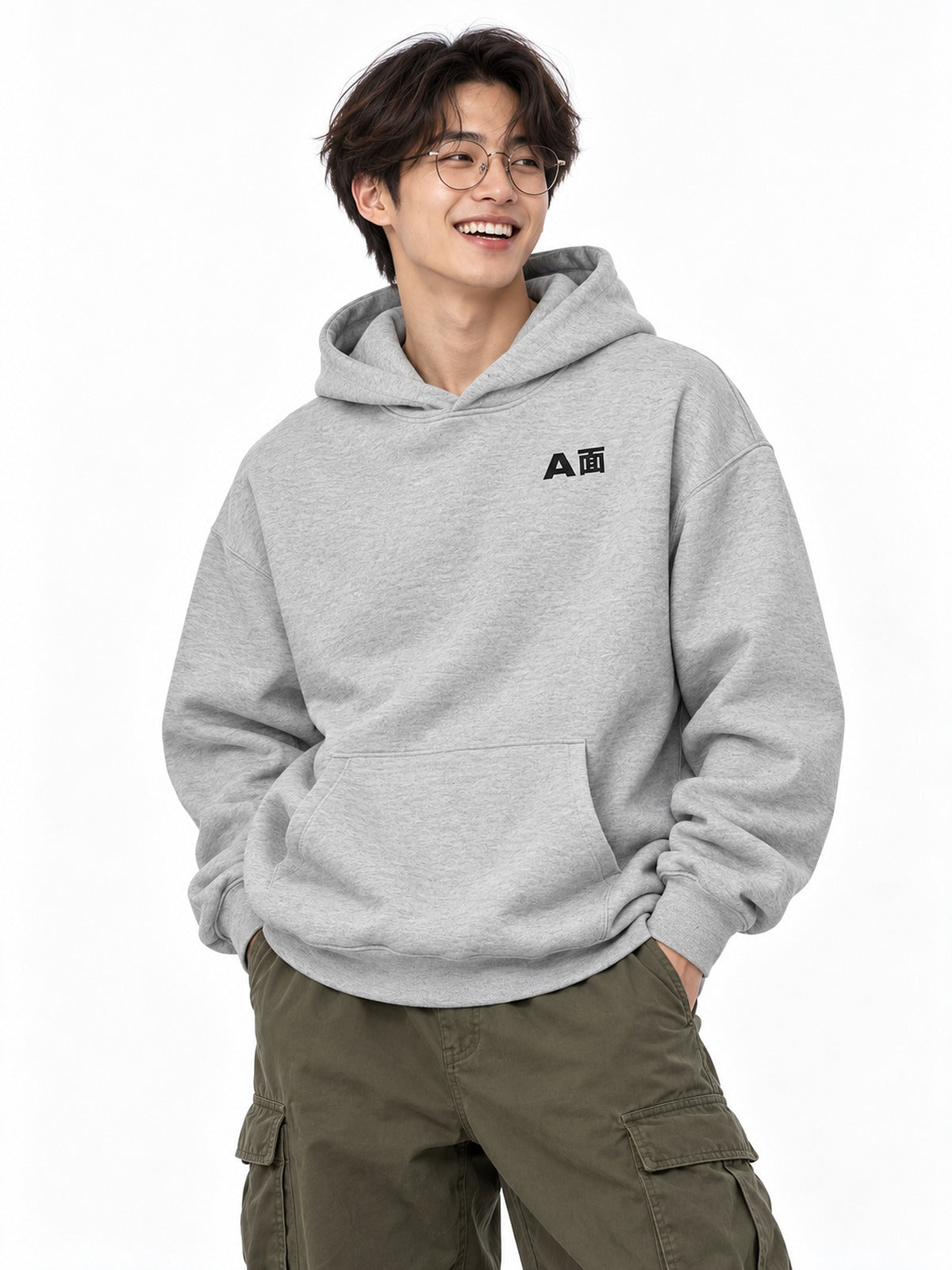 A面/B面 A-men B-men hoodie athletic heather by 5C5V, front view with the chest mark