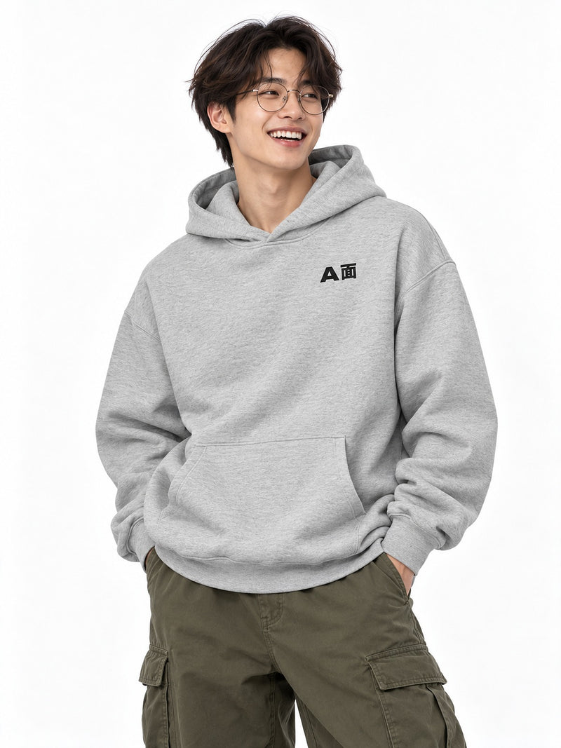 A面/B面 A-men B-men hoodie athletic heather by 5C5V, front view with the chest mark