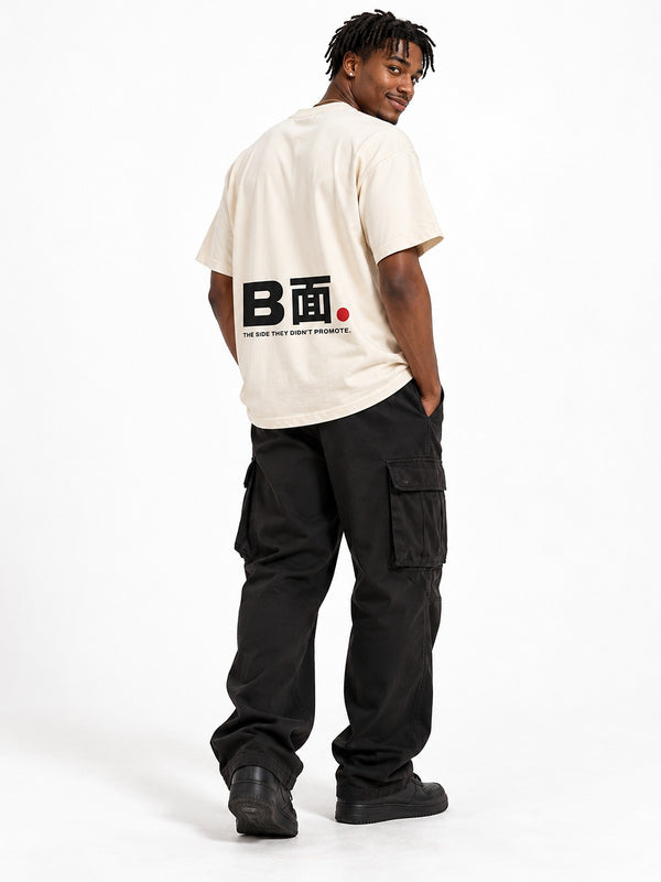 A面/B面 A-men B-men tee vintage white by 5C5V, back view on model