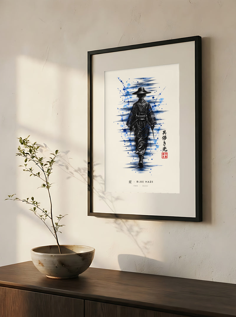 Edo Blue Haze 夏 framed print: a lone traveller in a straw hat in black ink with splashes of blue, close-up of the black frame and white mat