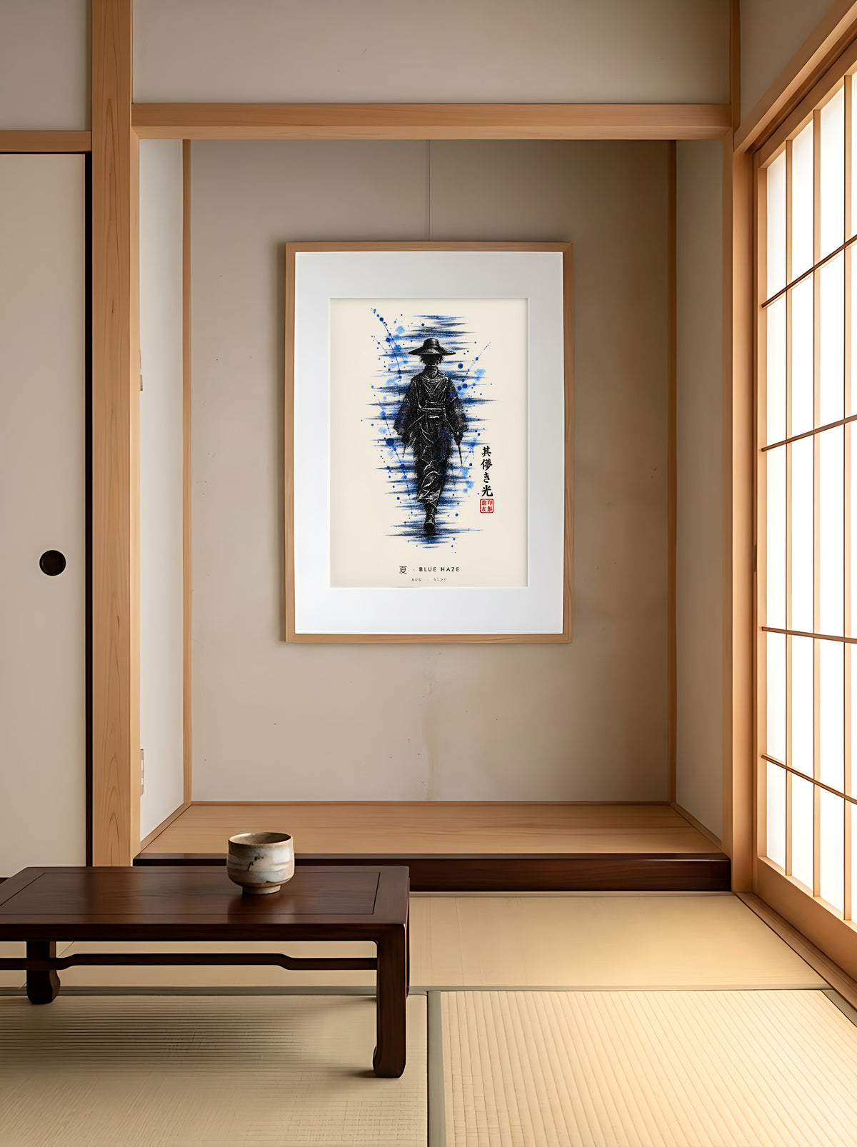 Edo Blue Haze 夏 framed print: a lone traveller in a straw hat in black ink with splashes of blue, oak frame in a tatami alcove beside shoji screens