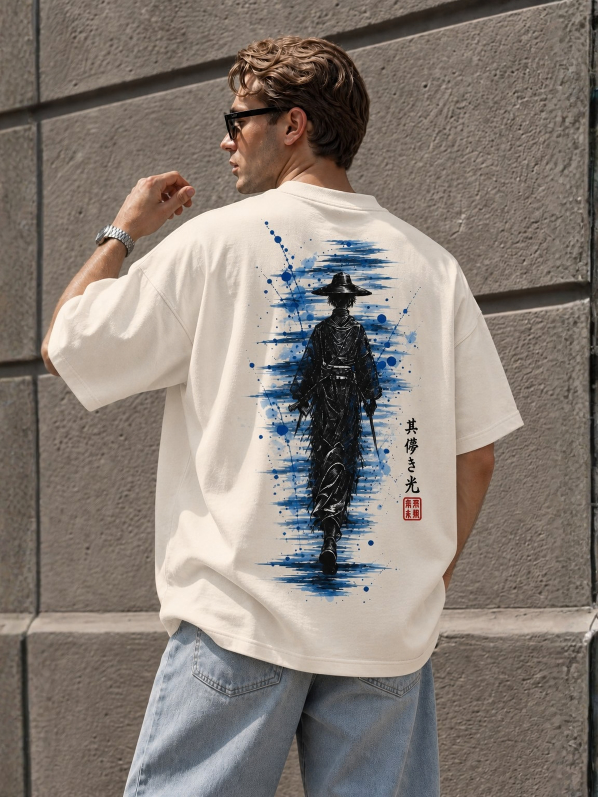 Model wearing the vintage white Edo 夏 Blue Haze tee, back view showing the blue haze ink samurai back print