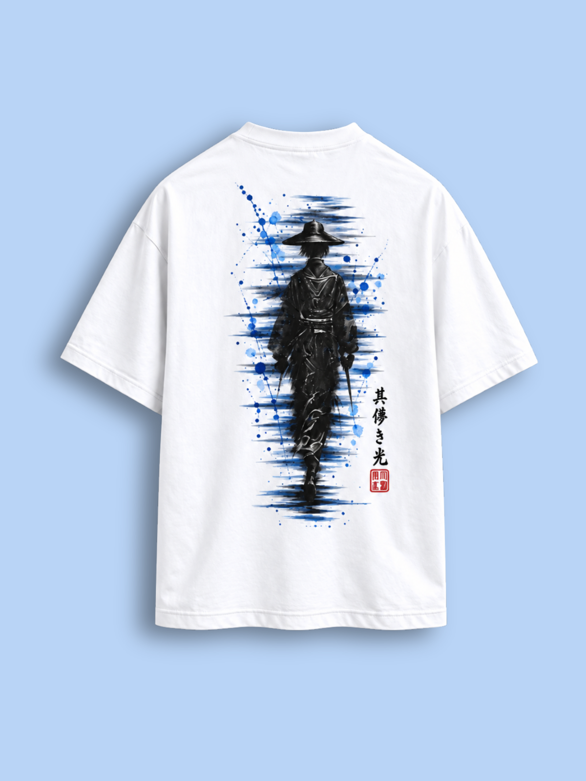 White Edo 夏 Blue Haze tee, back view with the blue haze ink samurai back print