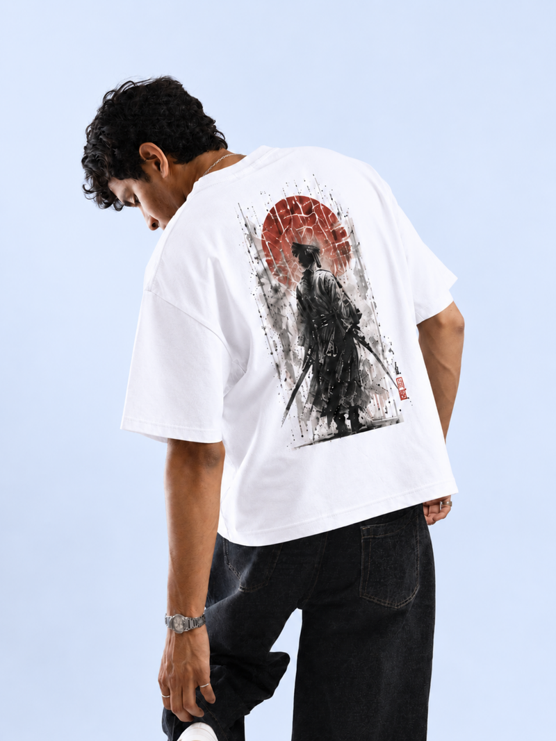 Model wearing the white EDO SHŌGUN 将軍 tee, back view showing the samurai and red sun back print