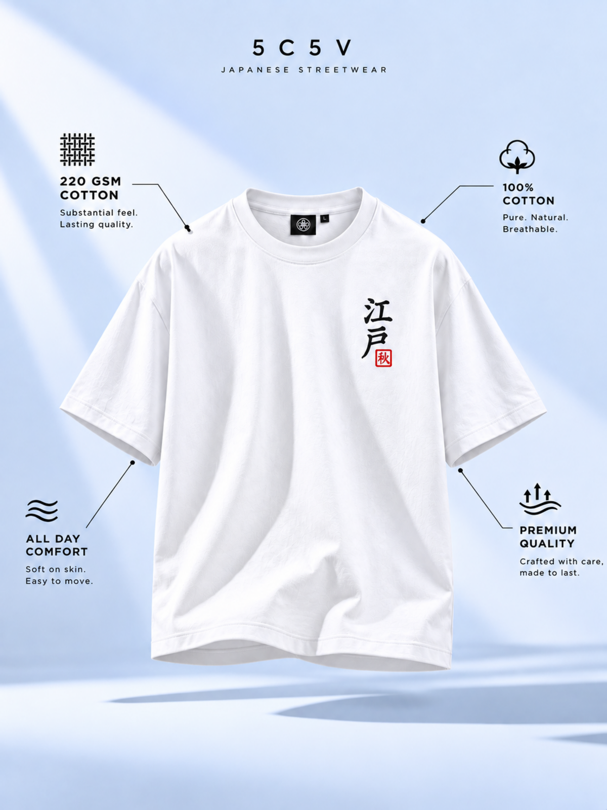 White EDO SHŌGUN 将軍 tee: fabric weight, fit and care details