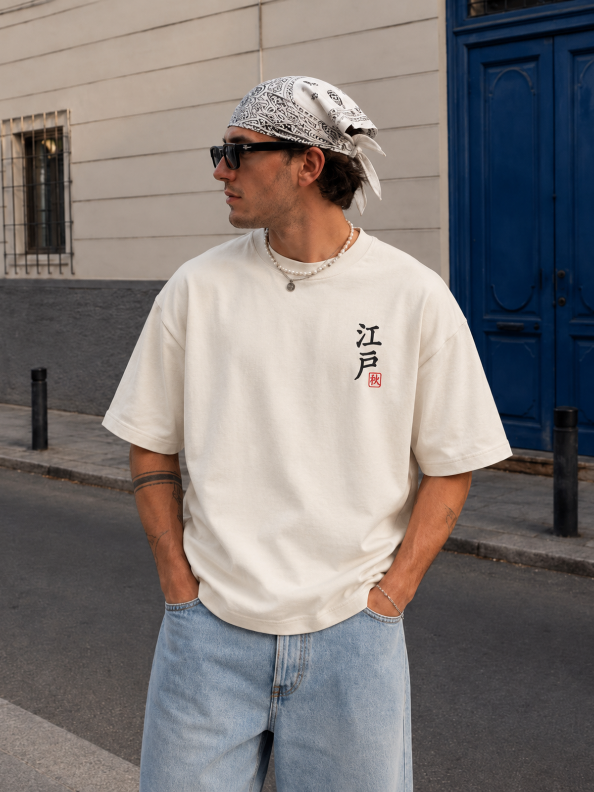 Model wearing the vintage white EDO SHŌGUN 将軍 tee, front view with the 江戸 seal on the chest