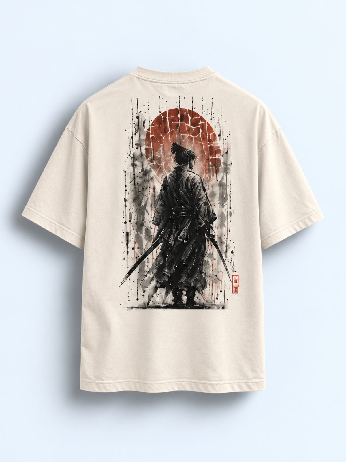 Vintage white EDO SHŌGUN 将軍 tee, back view with the samurai and red sun back print