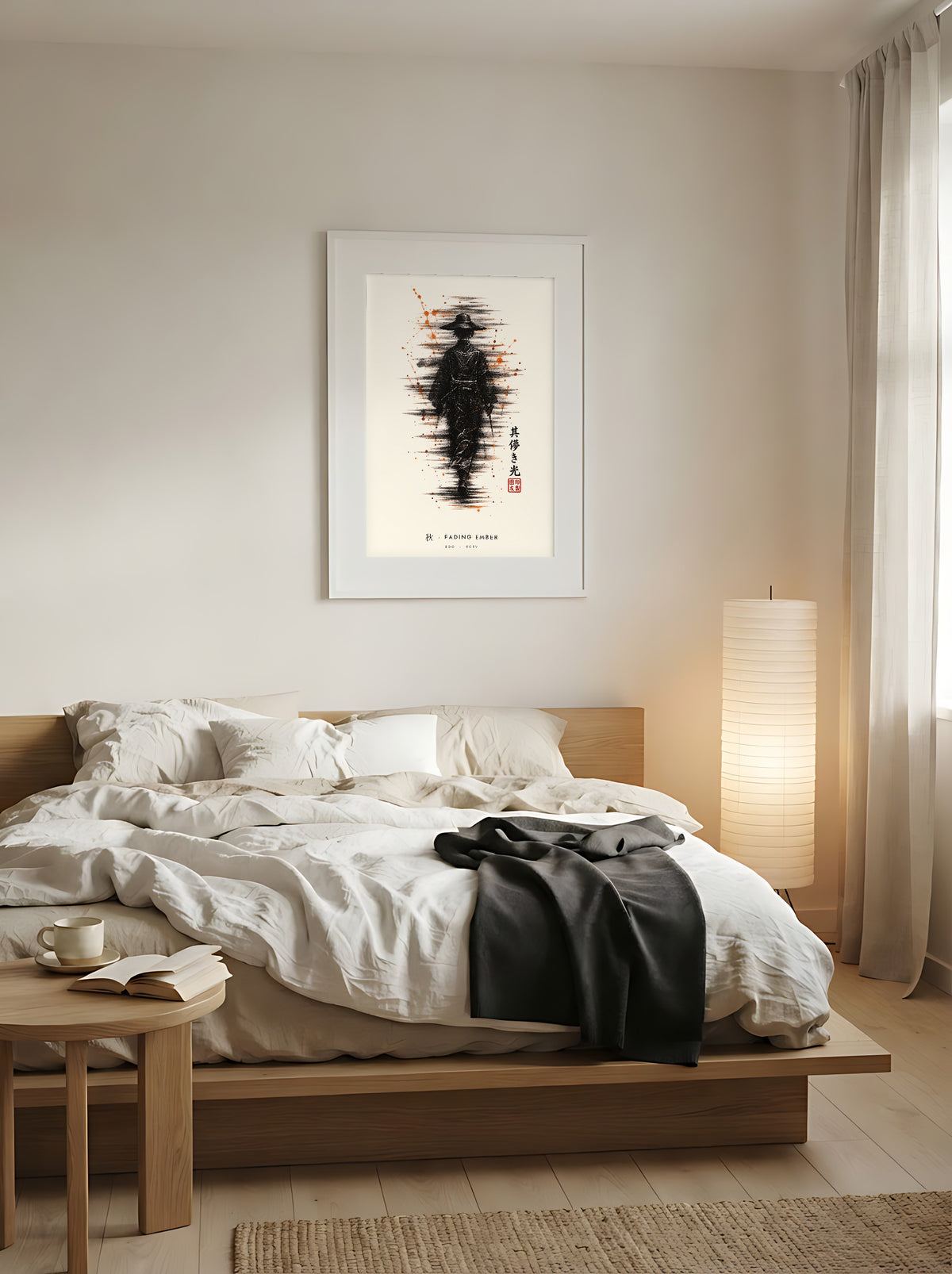 Edo Fading Ember 秋 framed print: a lone traveller in a straw hat in black ink with rising orange sparks, white frame above a low oak bed in a Japandi bedroom