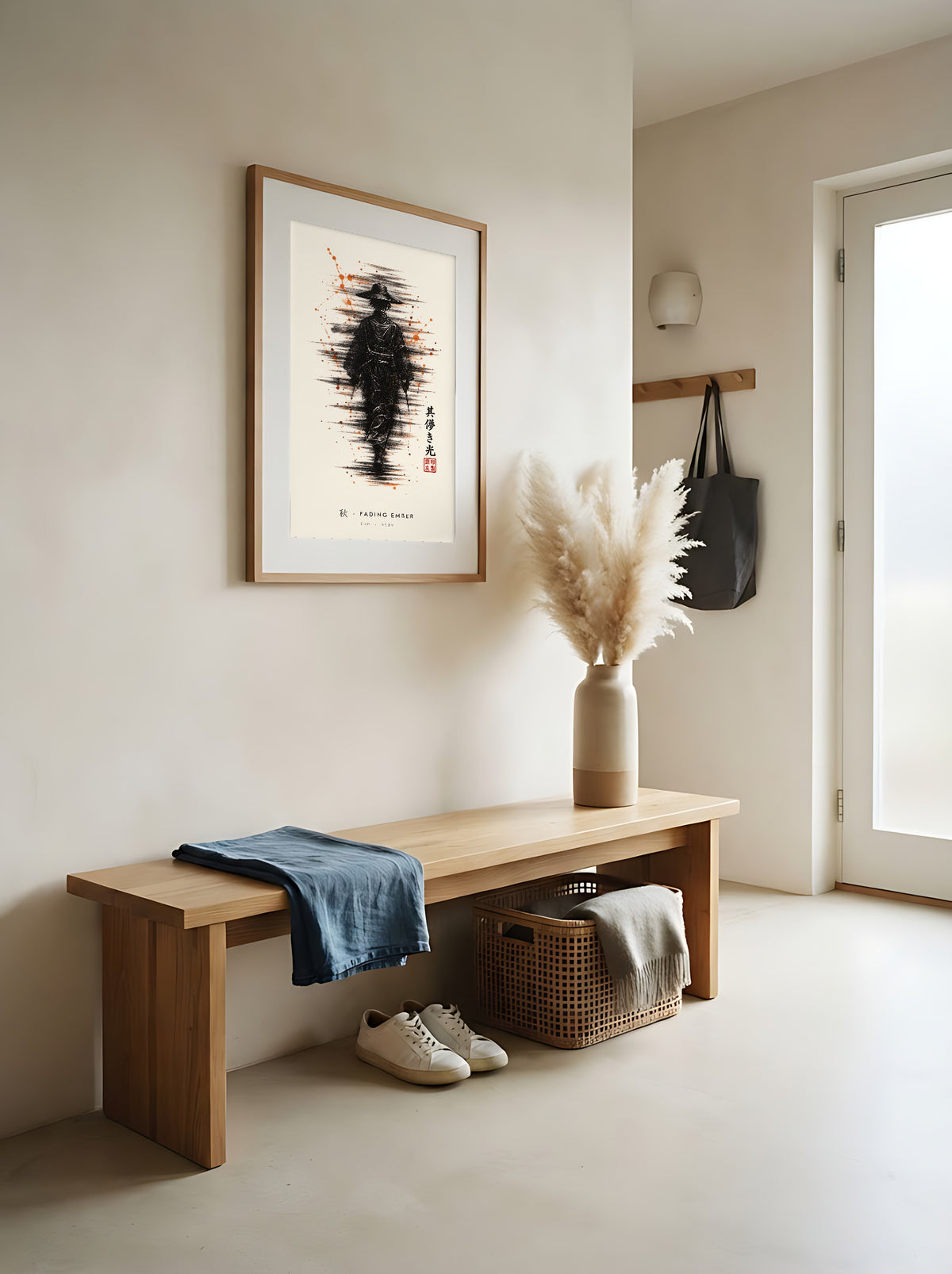 Edo Fading Ember 秋 framed print: a lone traveller in a straw hat in black ink with rising orange sparks, red oak frame in an entrance hall