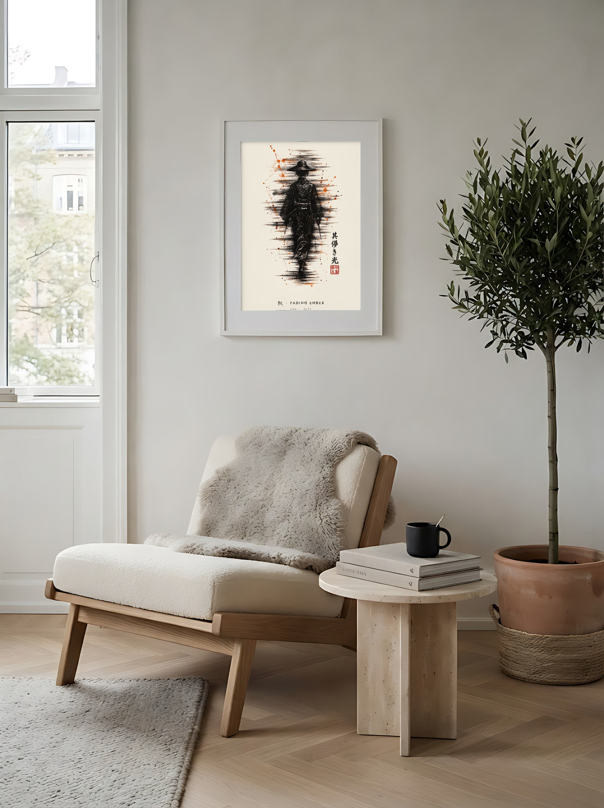 Edo Fading Ember 秋 framed print: a lone traveller in a straw hat in black ink with rising orange sparks, white frame in a Scandi reading corner