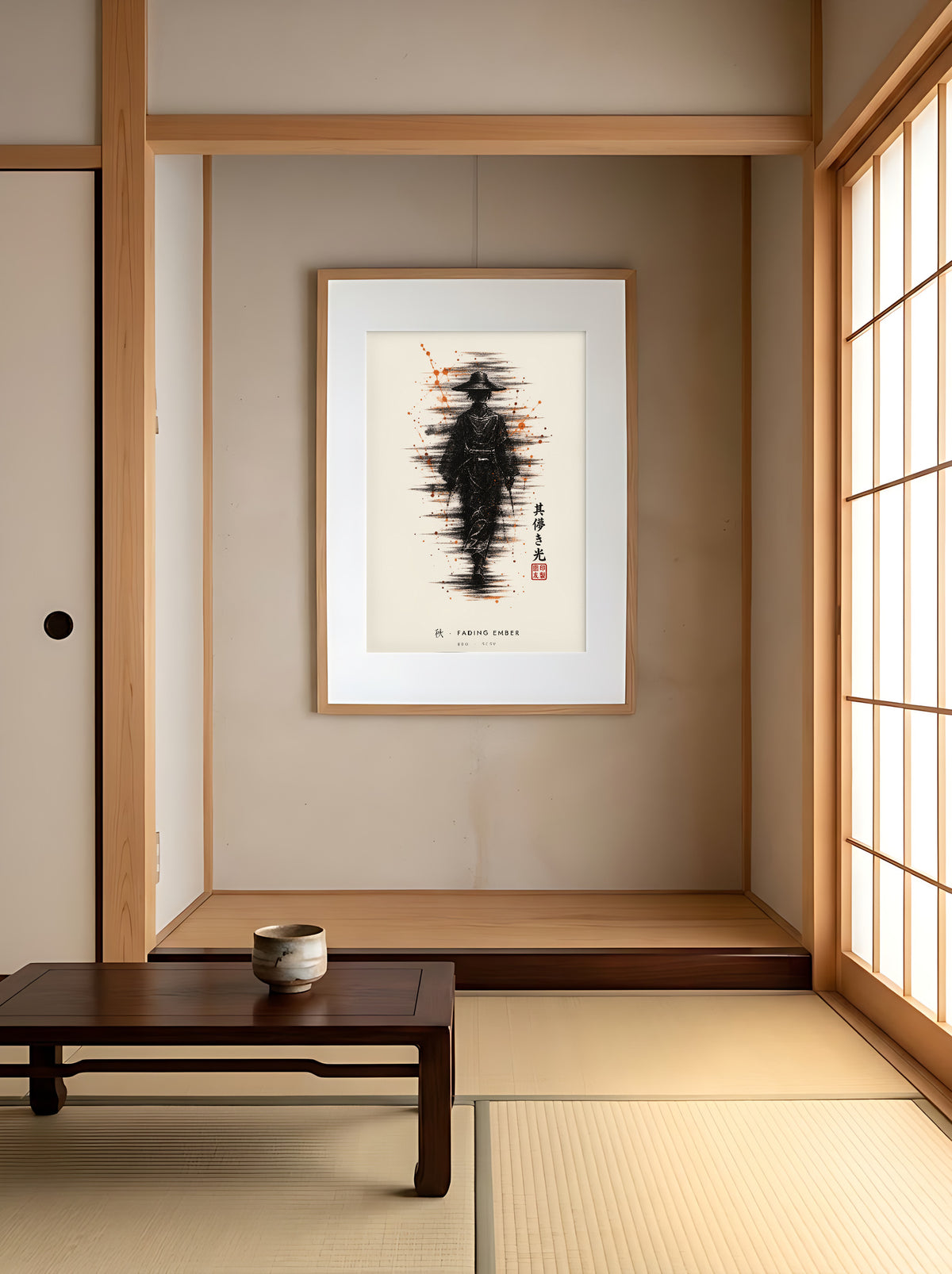 Edo Fading Ember 秋 framed print: a lone traveller in a straw hat in black ink with rising orange sparks, oak frame in a tatami alcove beside shoji screens