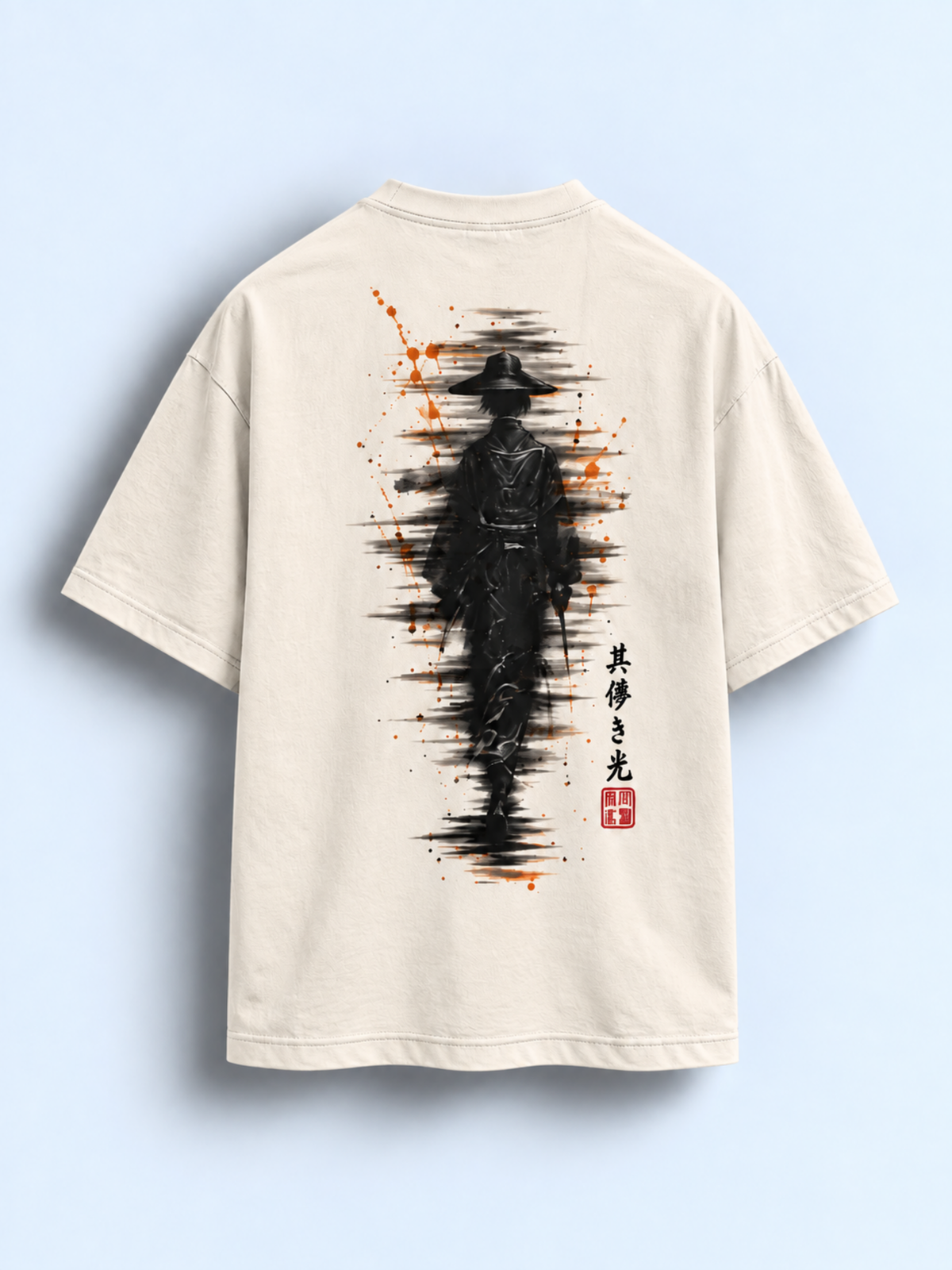 Vintage white Edo 秋 Fading Ember tee, back view with the ember red ink samurai back print