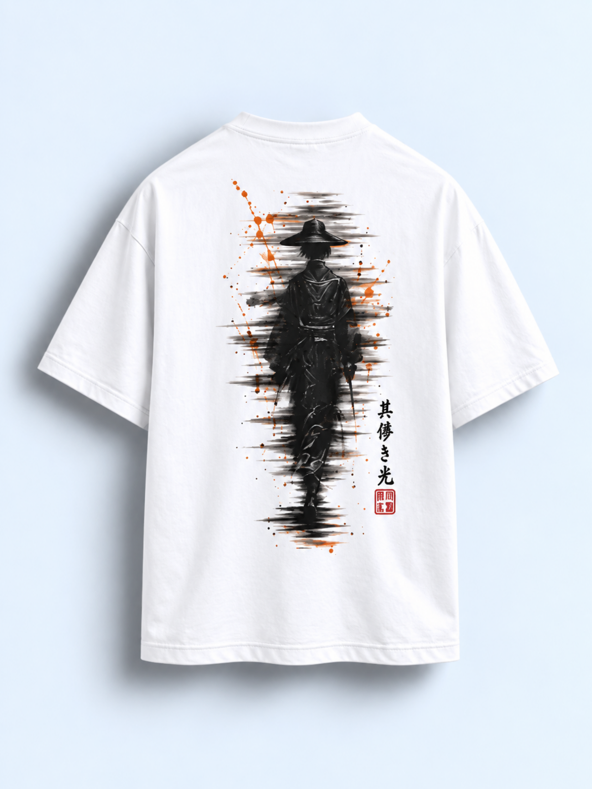 White Edo 秋 Fading Ember tee, back view with the ember red ink samurai back print