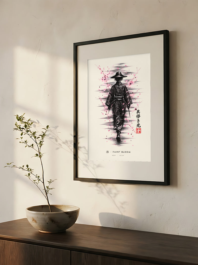 Edo Faint Bloom 春 framed print: a lone traveller in a straw hat in black ink with falling pink blossom, close-up of the black frame and white mat