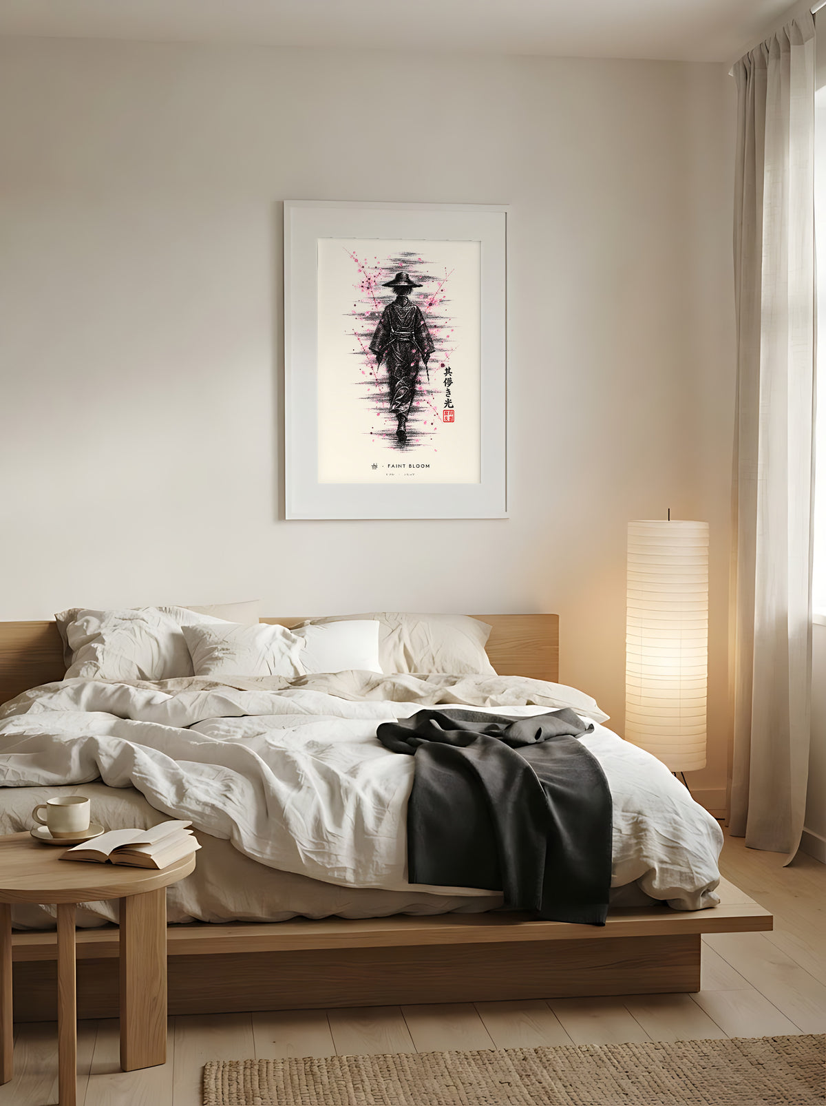 Edo Faint Bloom 春 framed print: a lone traveller in a straw hat in black ink with falling pink blossom, white frame above a low oak bed in a Japandi bedroom