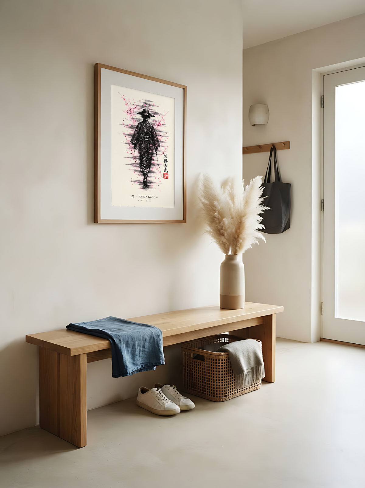 Edo Faint Bloom 春 framed print: a lone traveller in a straw hat in black ink with falling pink blossom, red oak frame in an entrance hall