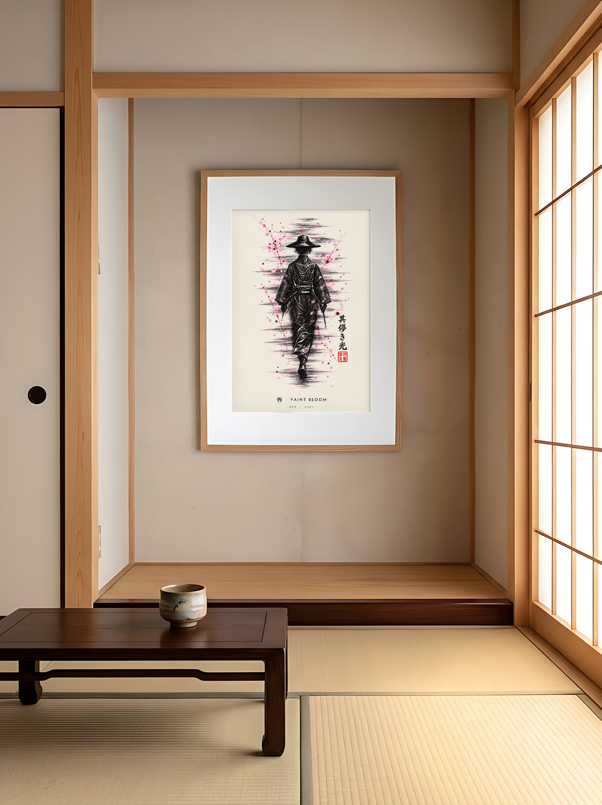 Edo Faint Bloom 春 framed print: a lone traveller in a straw hat in black ink with falling pink blossom, oak frame in a tatami alcove beside shoji screens
