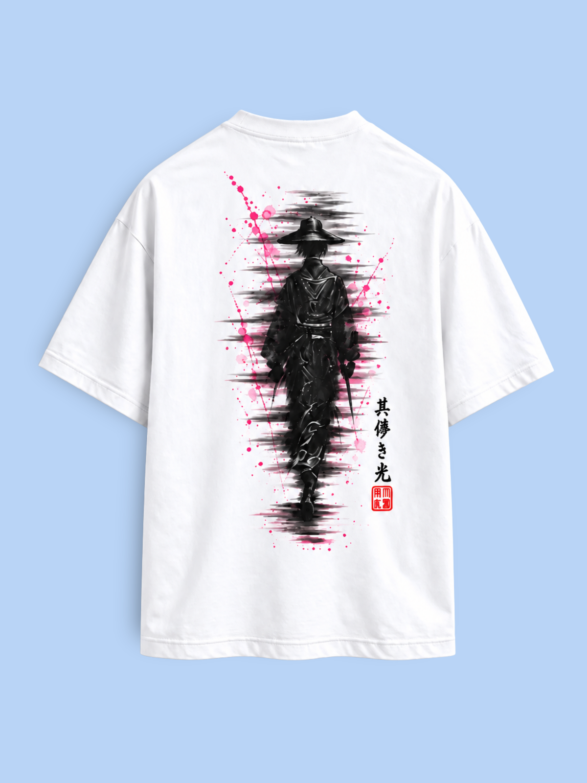 White Edo 春 Faint Bloom tee, back view with the pink ink samurai back print