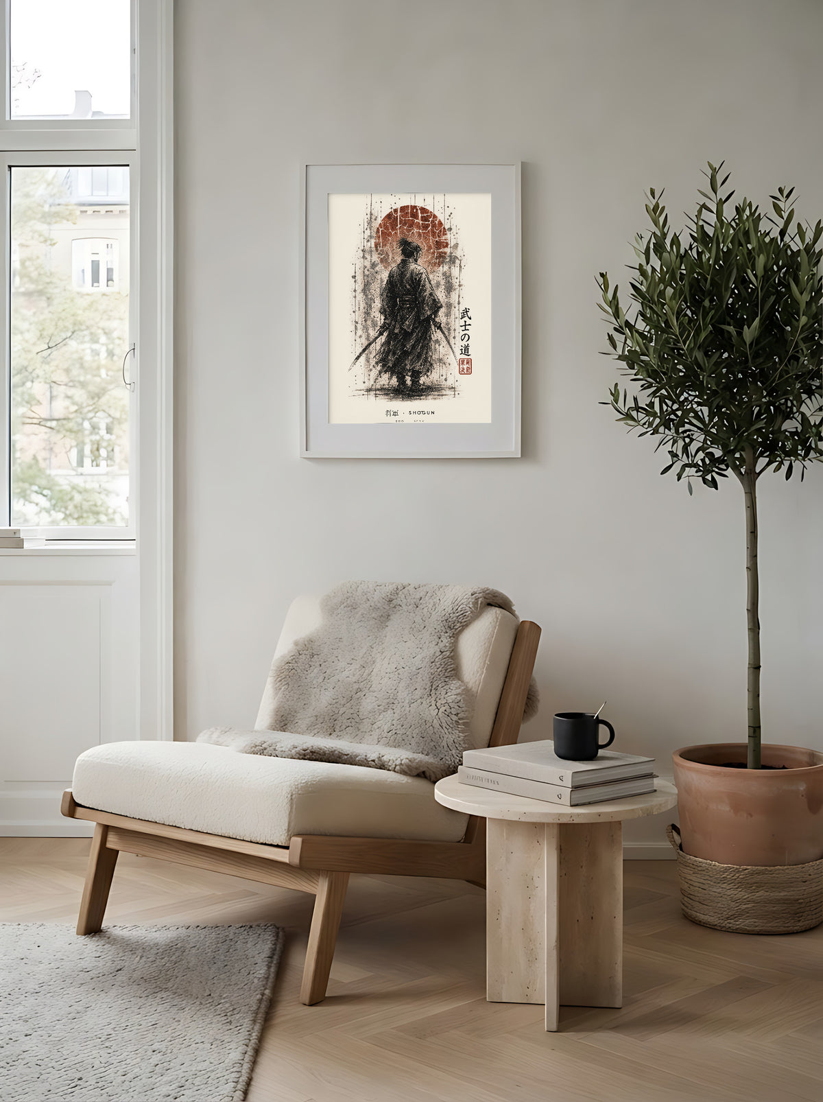 Edo Shōgun 将軍 framed print: a samurai commander in ink wash beneath a rust-red sun, white frame in a Scandi reading corner