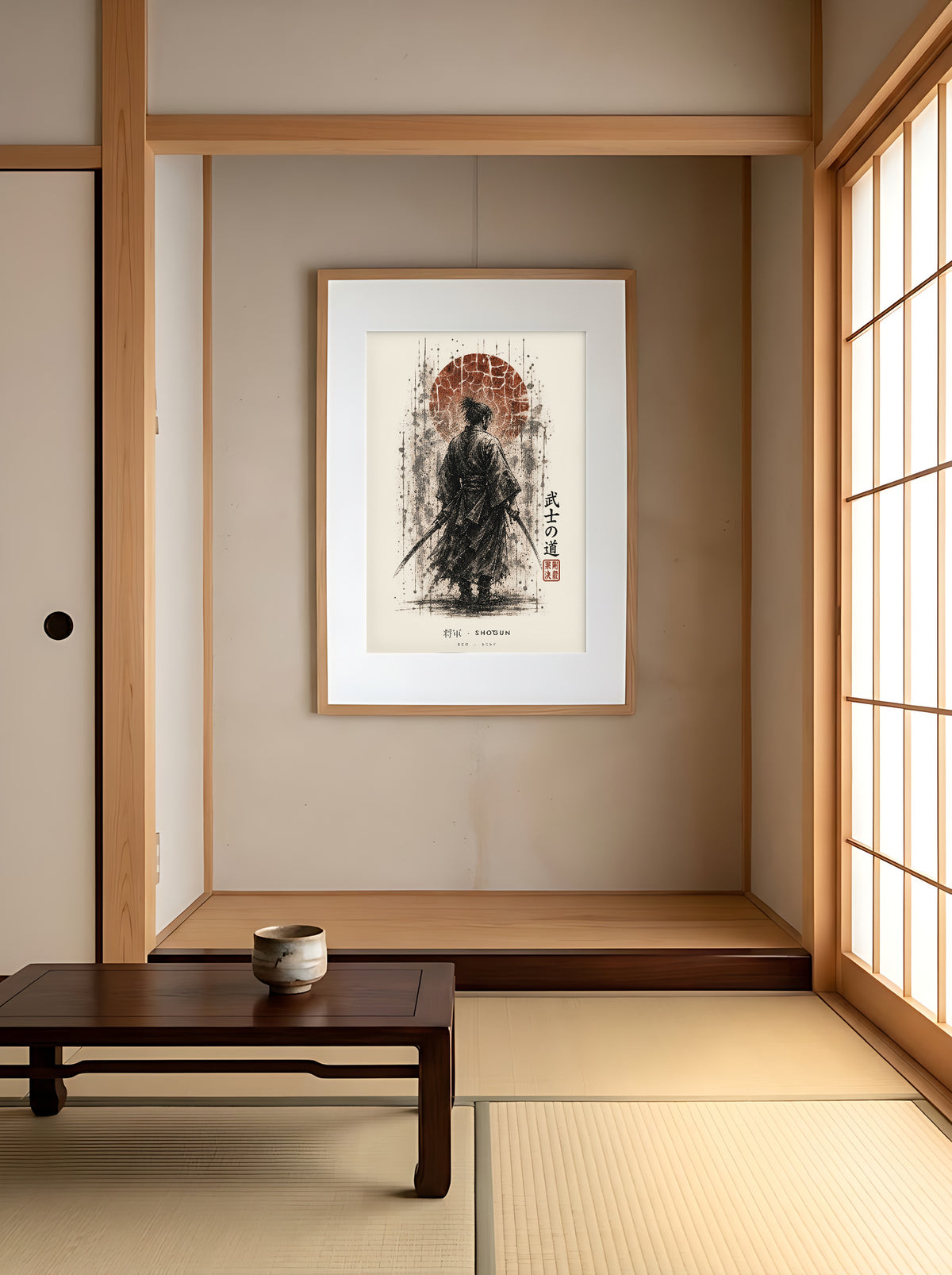 Edo Shōgun 将軍 framed print: a samurai commander in ink wash beneath a rust-red sun, oak frame in a tatami alcove beside shoji screens