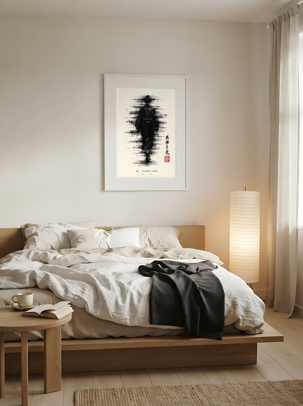 Edo Silent Light 冬 framed print: a lone traveller in a straw hat in heavy black ink, white frame above a low oak bed in a Japandi bedroom