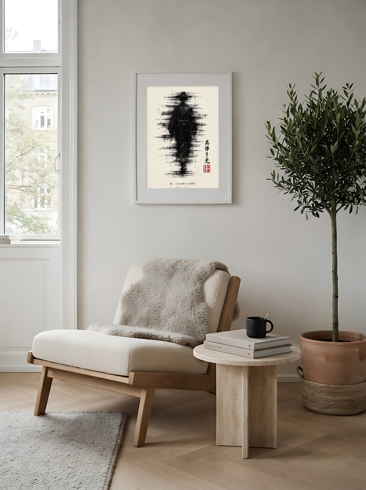 Edo Silent Light 冬 framed print: a lone traveller in a straw hat in heavy black ink, white frame in a Scandi reading corner