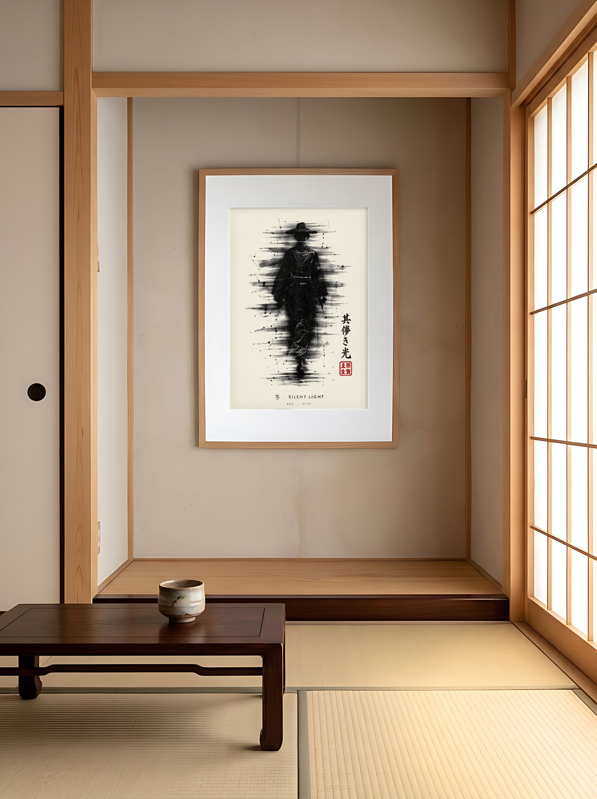 Edo Silent Light 冬 framed print: a lone traveller in a straw hat in heavy black ink, oak frame in a tatami alcove beside shoji screens