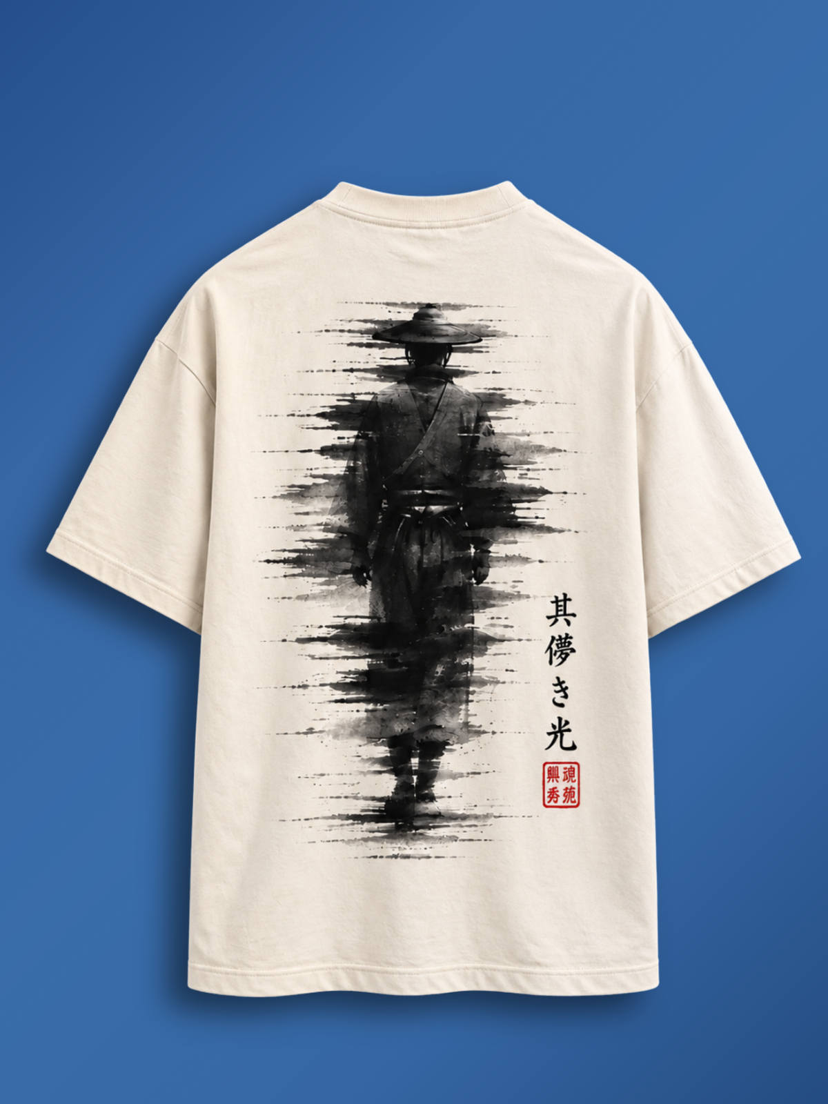 Vintage white Edo 冬 Silent Light tee, back view with the black ink samurai back print