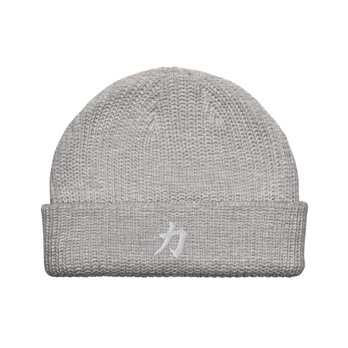 Athletic Heather grey Osaka fisherman beanie with the kanji 力 (strength) embroidered in white on the cuff, front view