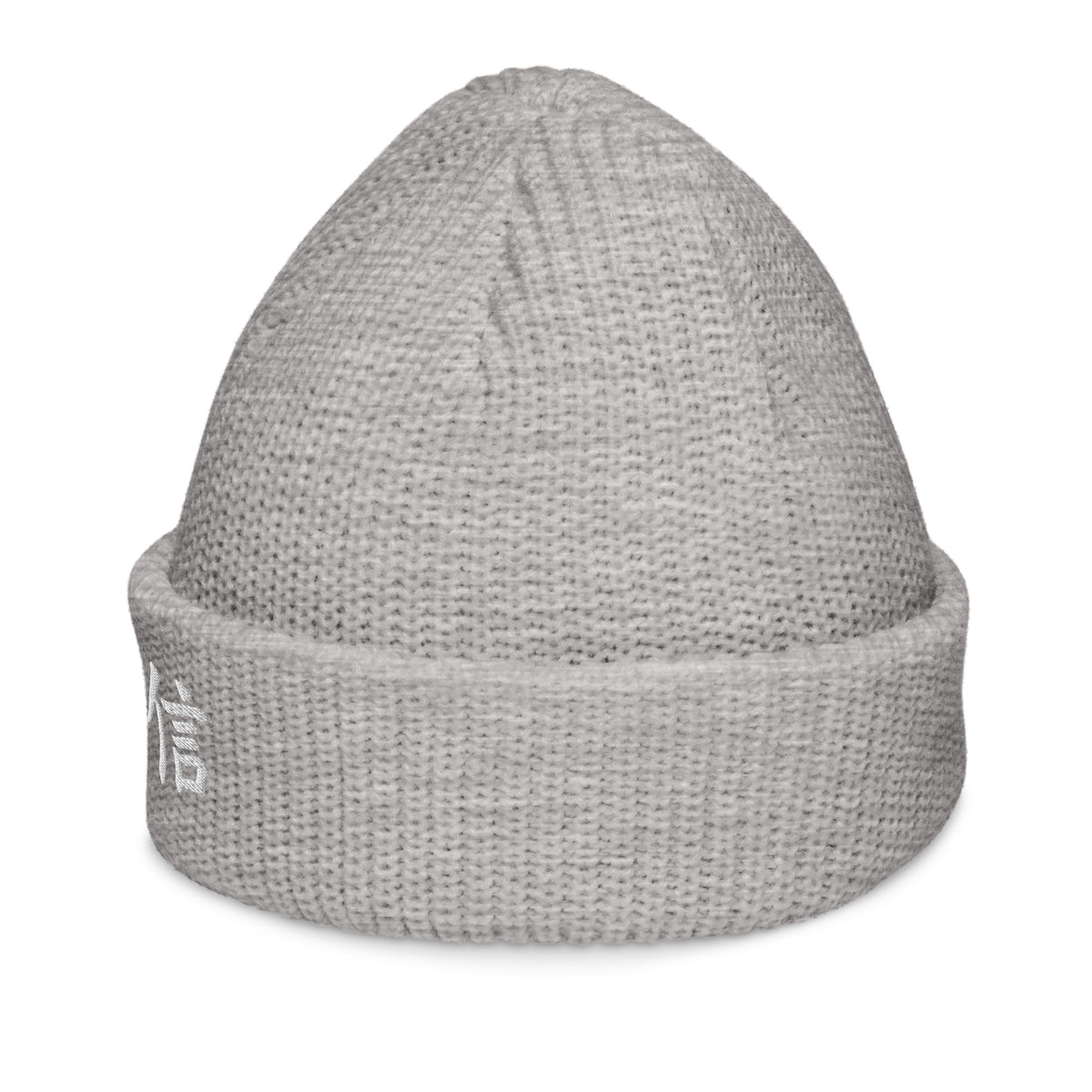 Athletic Heather grey Yokohama fisherman beanie turned to the left, white embroidered 信 (trust) at the edge of the cuff