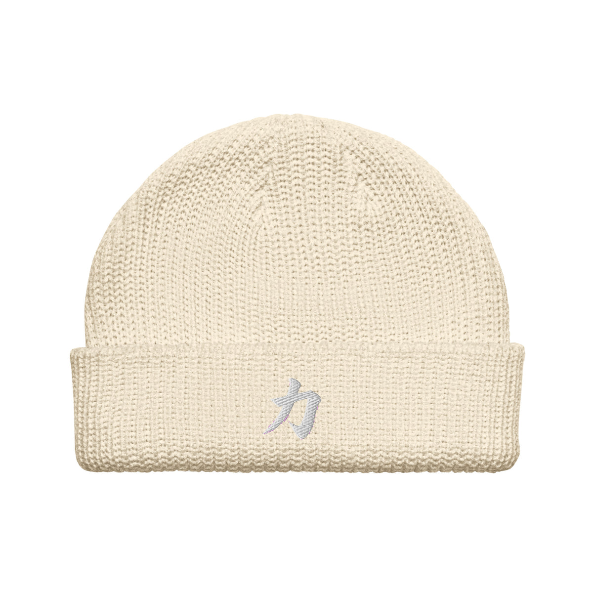 Ecru Osaka fisherman beanie with the kanji 力 (strength) embroidered in white on the cuff, front view