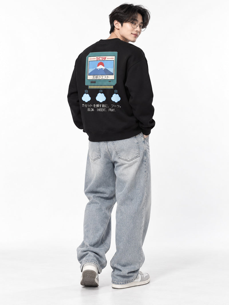 Fuu フーッ pixel cartridge sweatshirt black by 5C5V, back view on model
