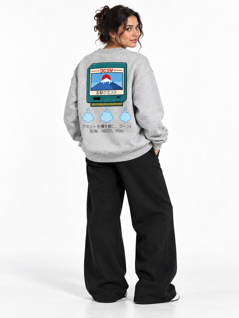 Fuu フーッ pixel cartridge sweatshirt athletic heather by 5C5V, back view on model