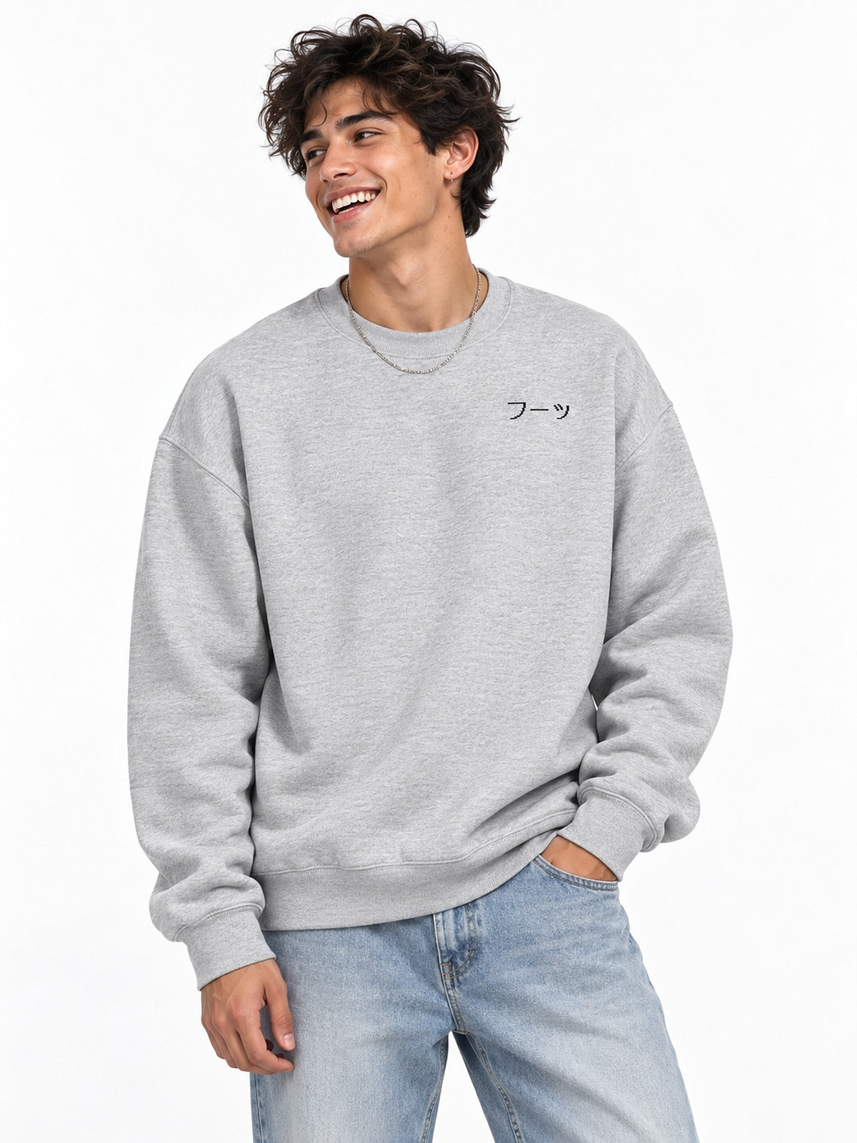 Fuu フーッ pixel cartridge sweatshirt athletic heather by 5C5V, front view with the chest mark