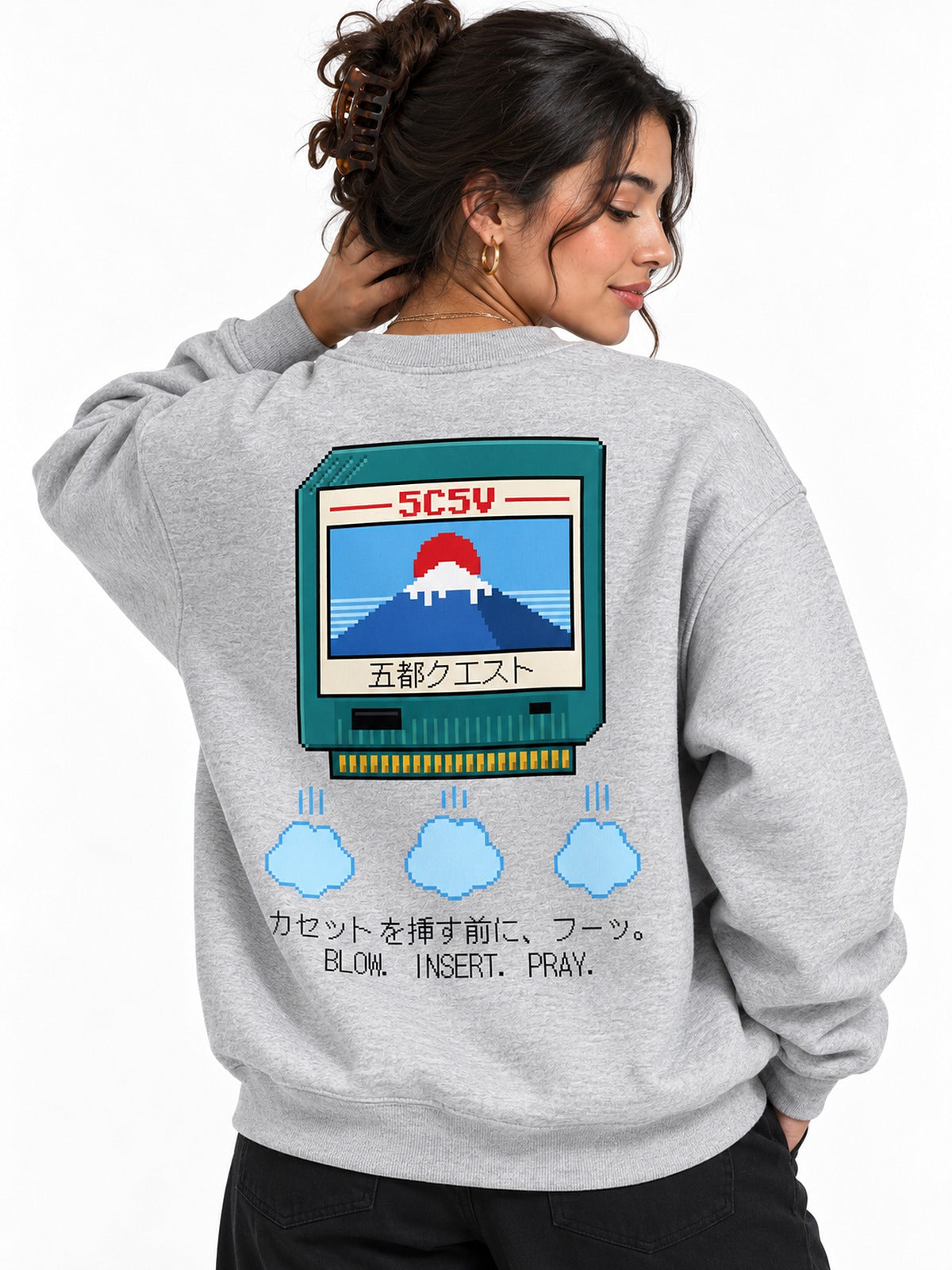 Fuu フーッ pixel cartridge sweatshirt by 5C5V, close-up of the back print