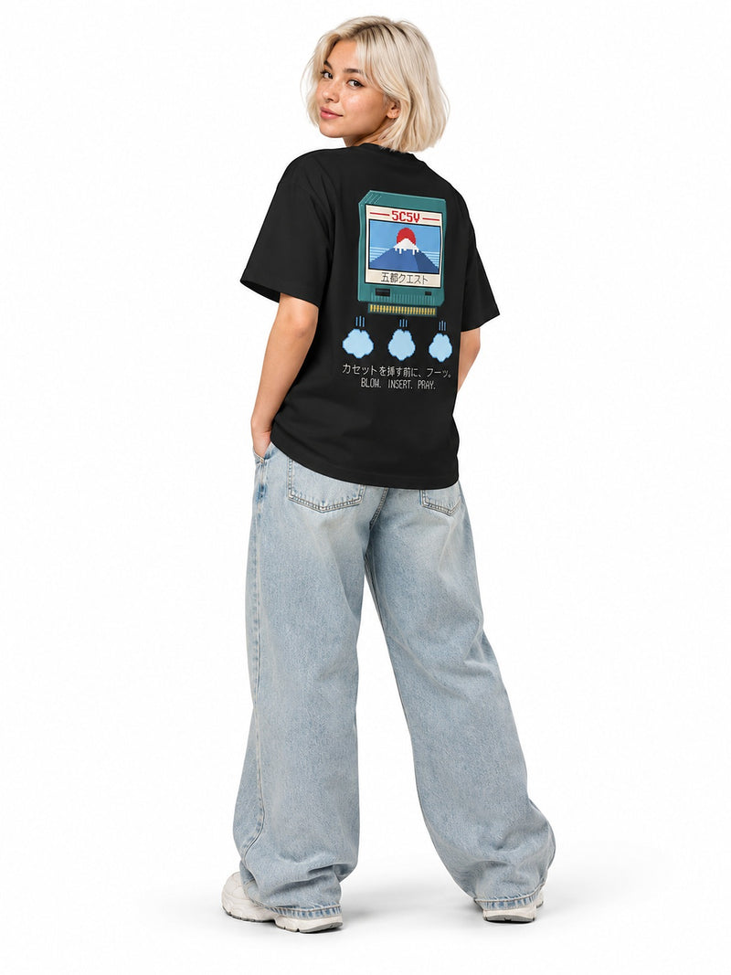 Fuu フーッ pixel cartridge tee black by 5C5V, back view on model