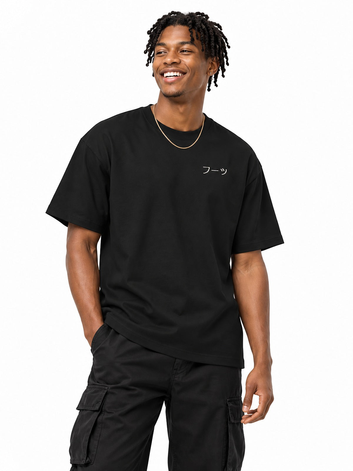 Fuu フーッ pixel cartridge tee black by 5C5V, front view with the chest mark