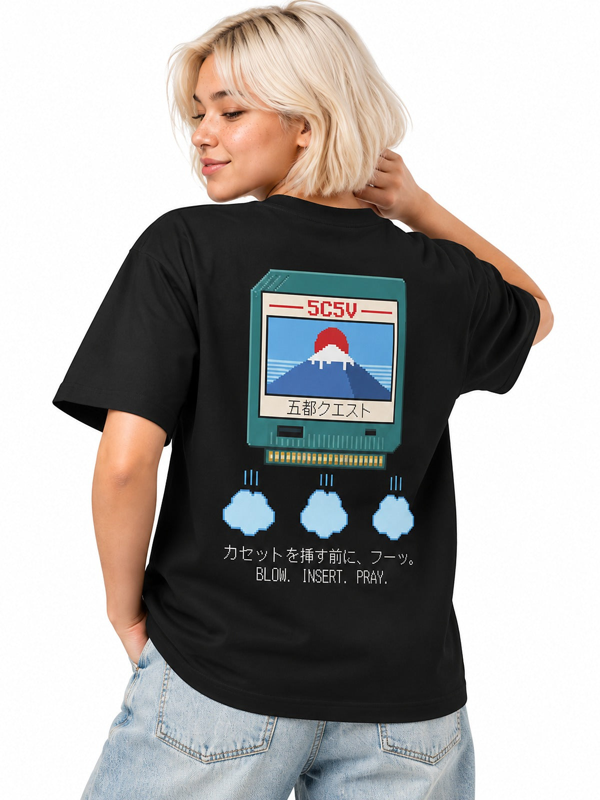 Fuu フーッ pixel cartridge tee by 5C5V, close-up of the back print