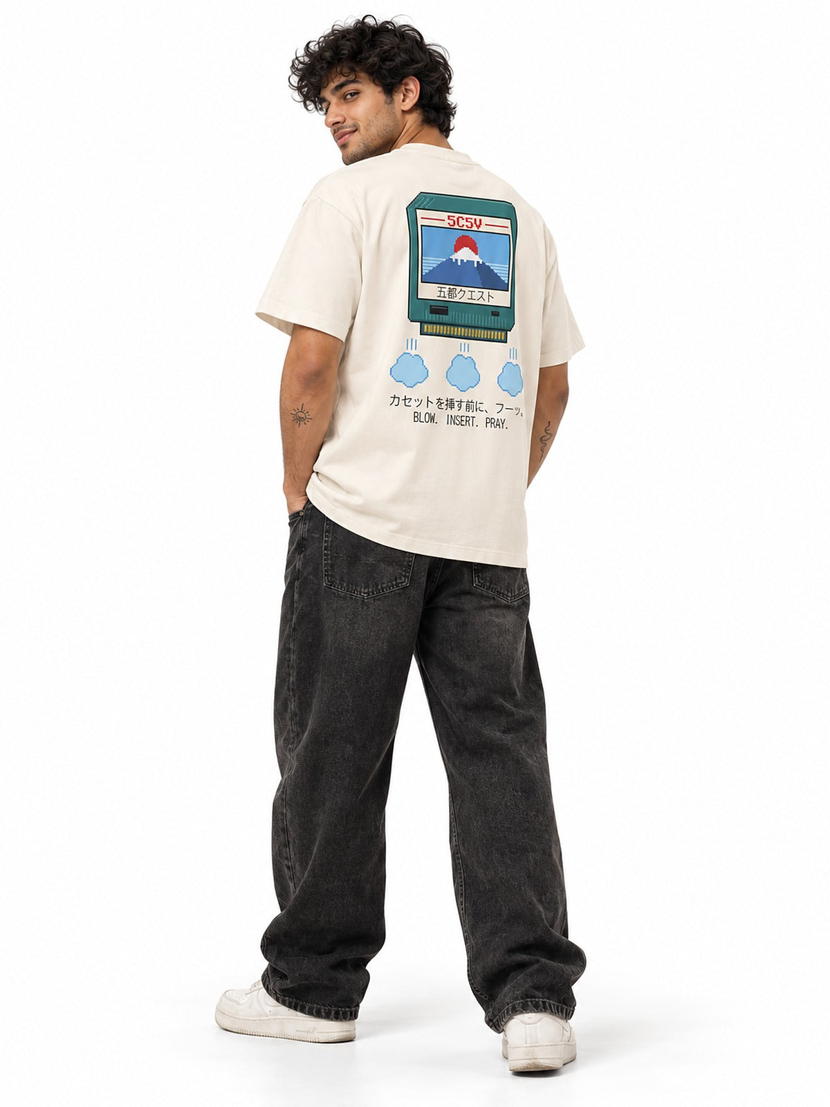 Fuu フーッ pixel cartridge tee vintage white by 5C5V, back view on model