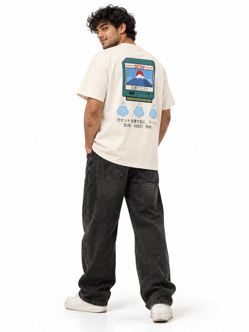 Fuu フーッ pixel cartridge tee vintage white by 5C5V, back view on model