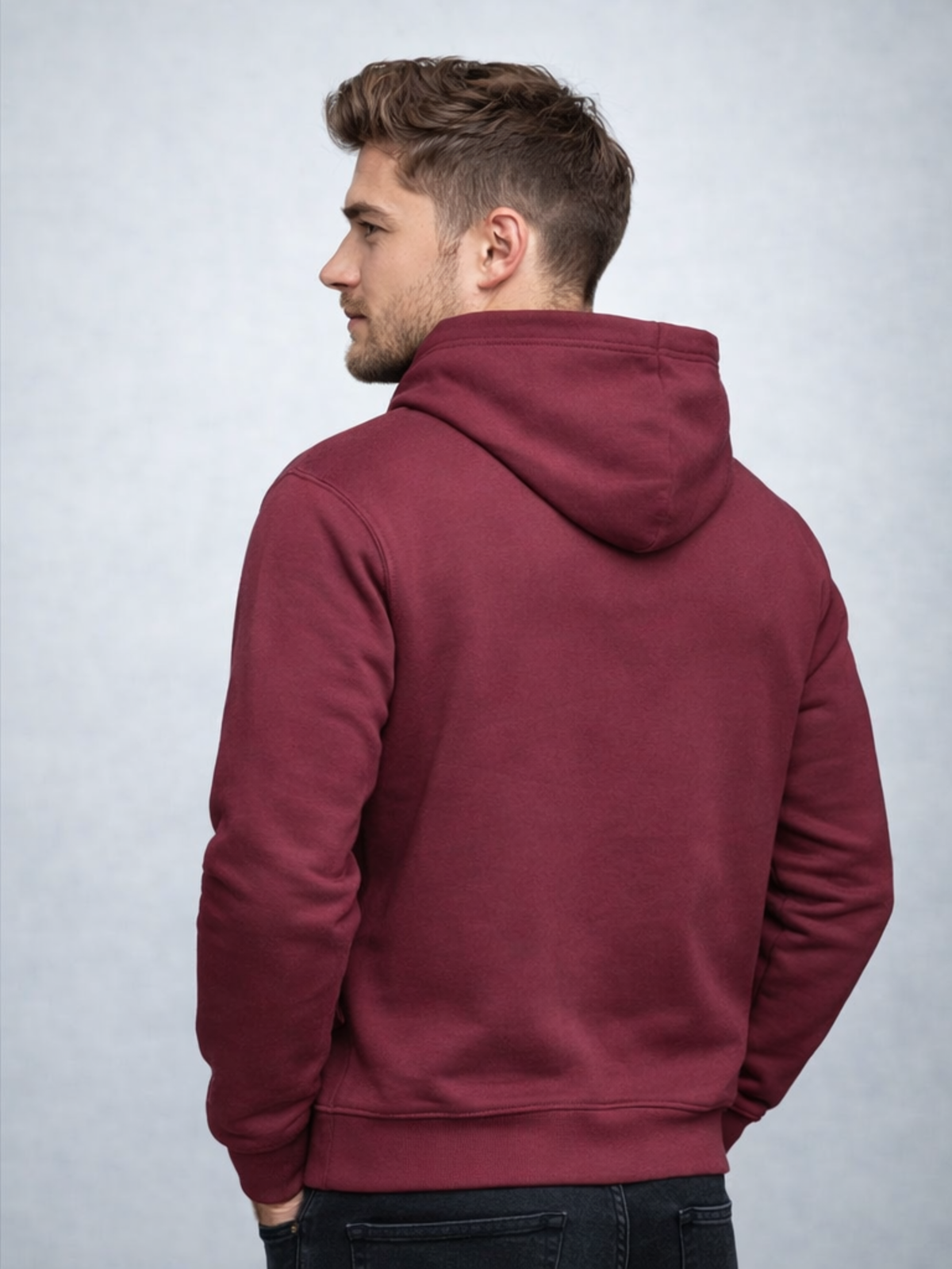 Model in the maroon Kyoto Harmony 和 hoodie, three-quarter back view