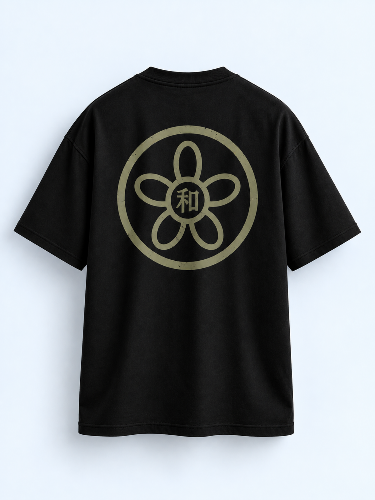 Black Kyoto Harmony 和 graphic tee, back view with the large sakura kamon print