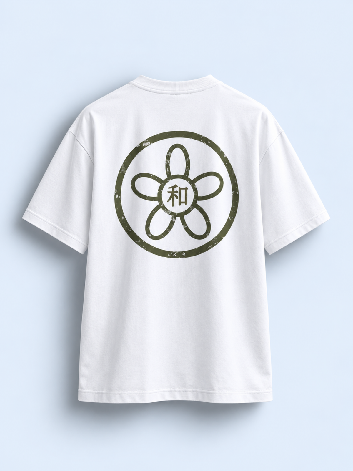 White Kyoto Harmony 和 graphic tee, back view with the large sakura kamon print